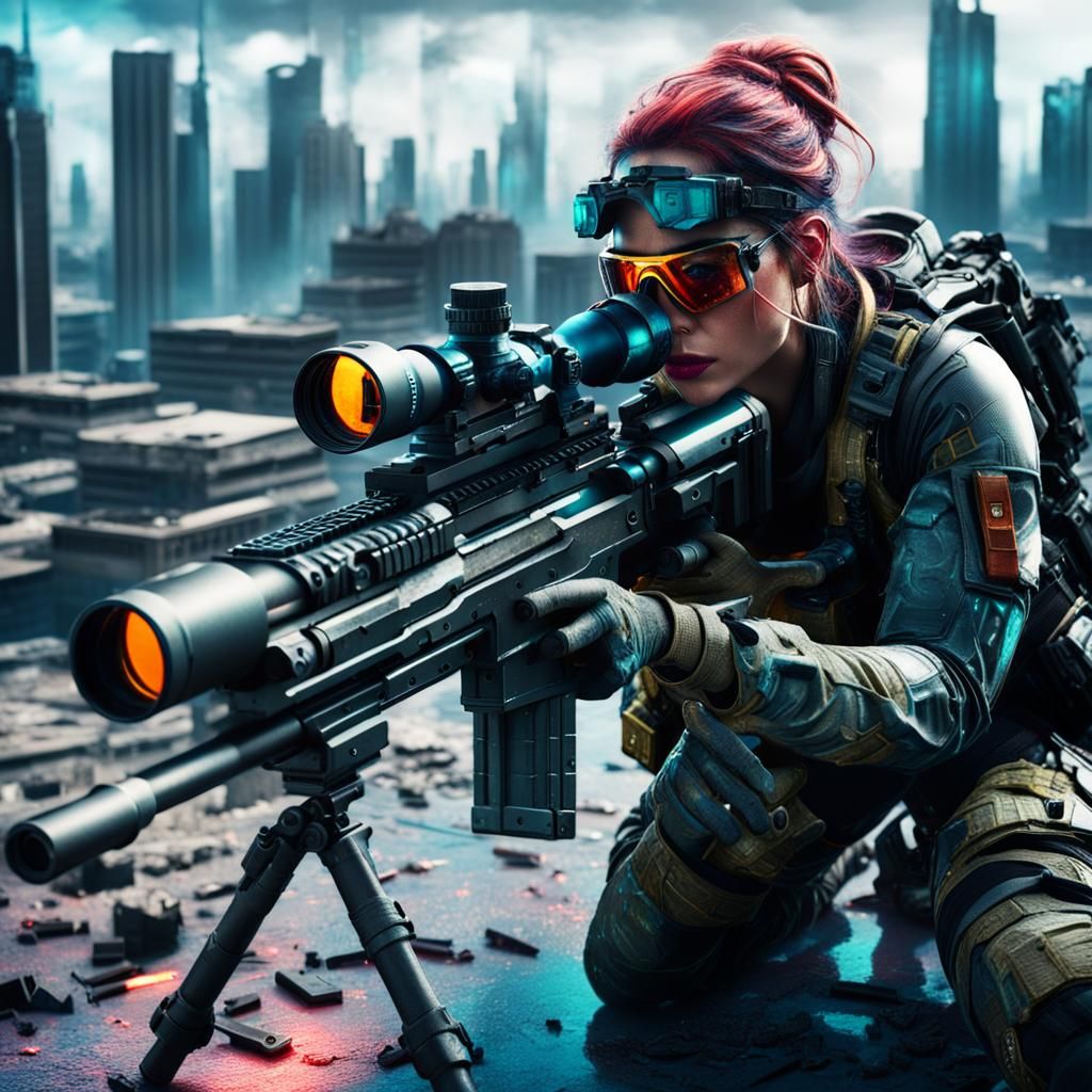 Futuristic Sniper in Neon Cityscape, Digital Art