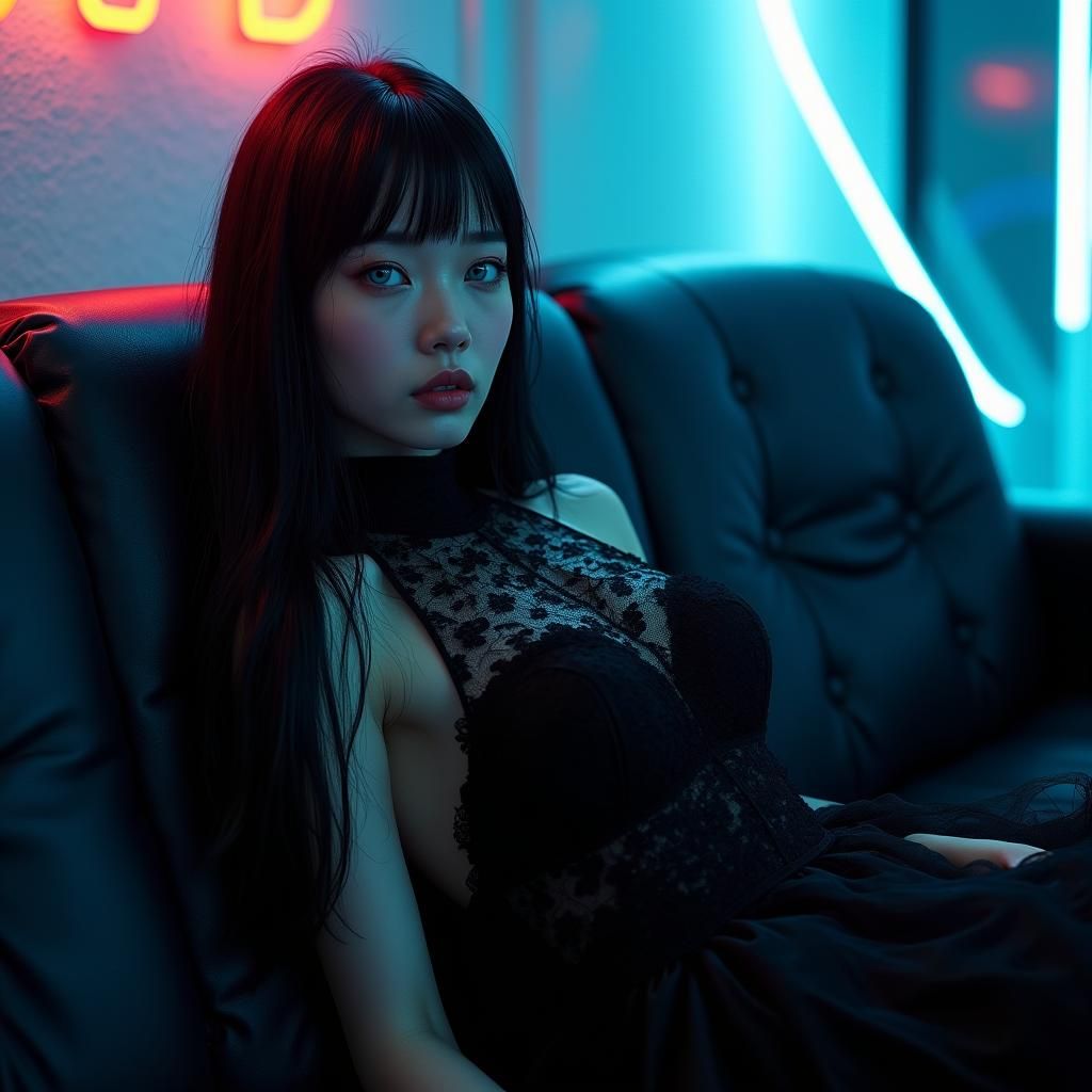 Cyberpunk Woman with Blue Eyes in Neon Room