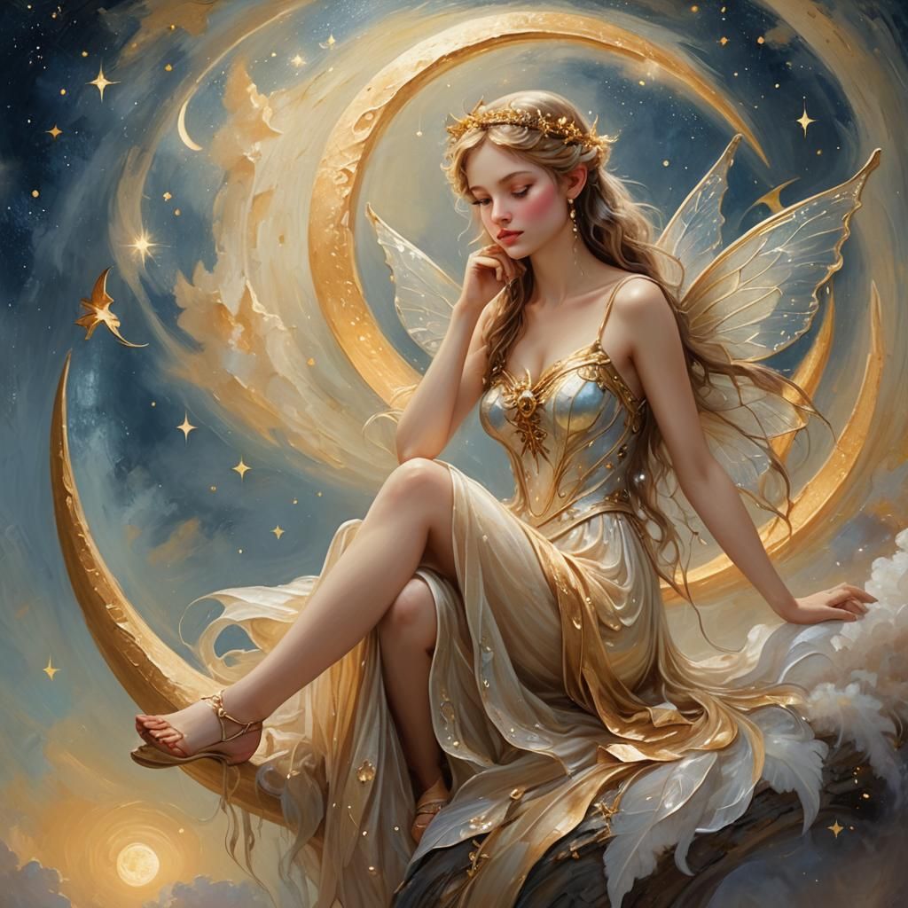 Fairy on Crescent Moon in Elegant Oil Painting Style