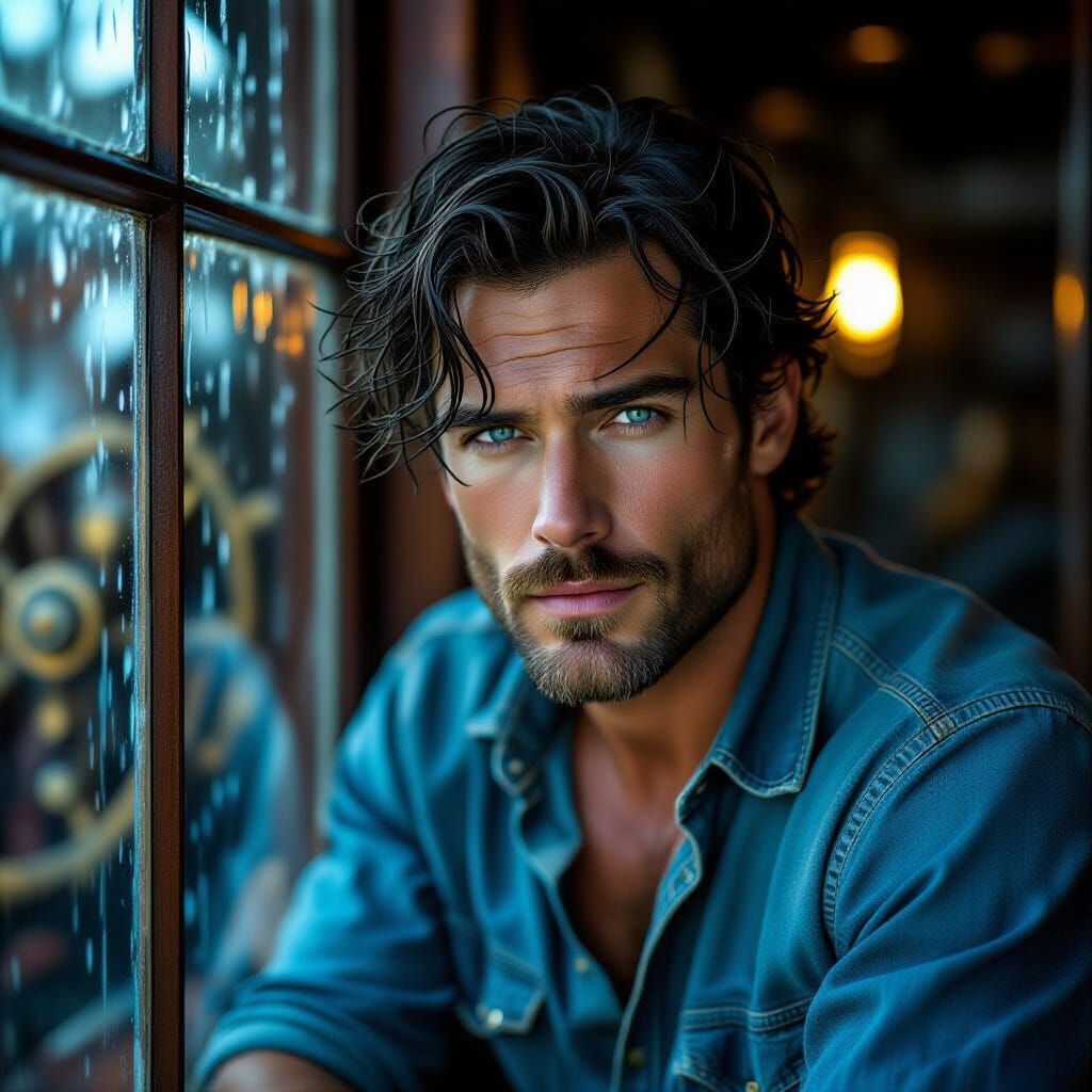 Intense Man with Crooked Grin in Steampunk Rain Scene