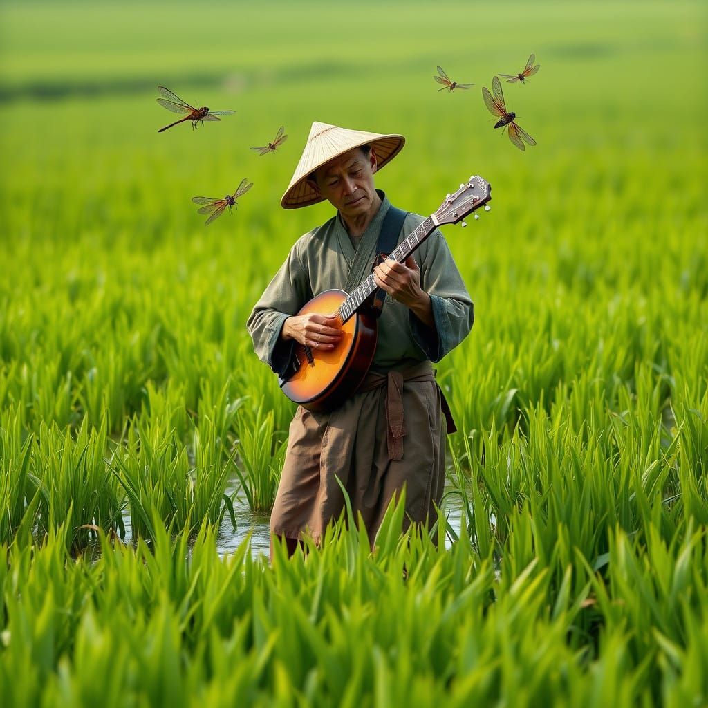Vietnamese Farmer Plays Banjo in Vibrant Rice Paddy