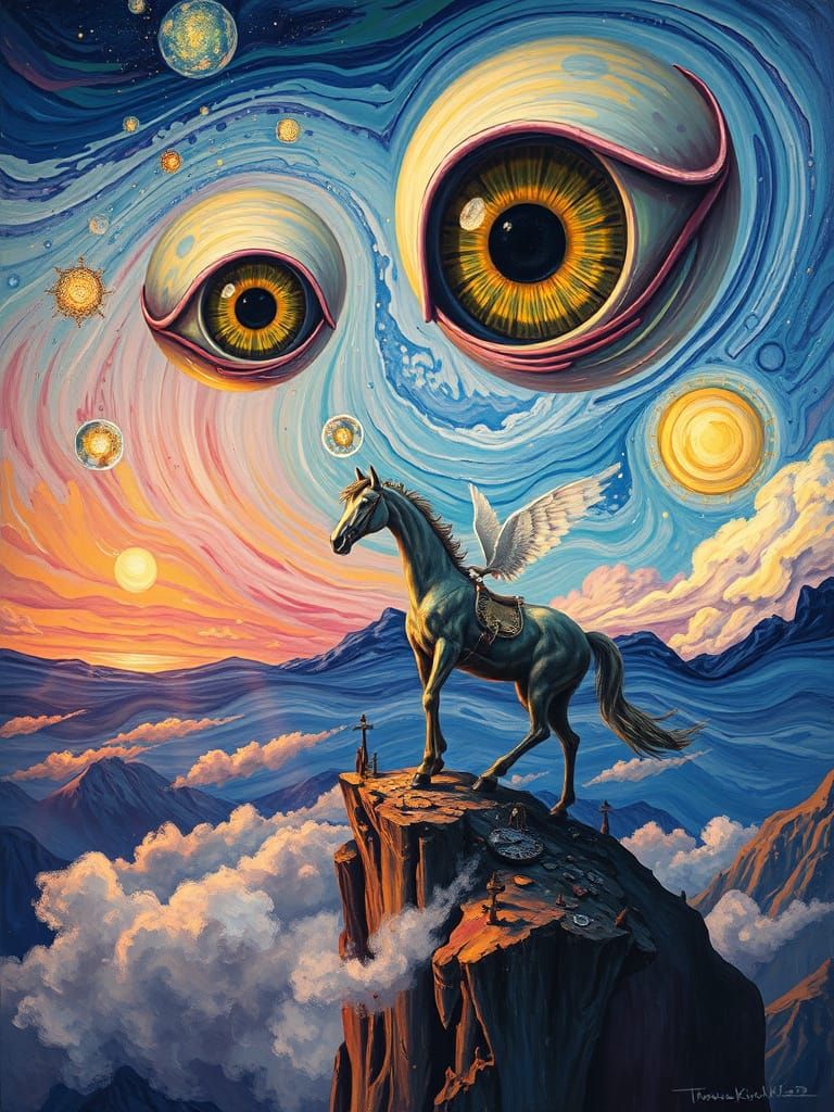 Surreal Clockwork Horse Under Floating Eyes in Van Gogh Styl...