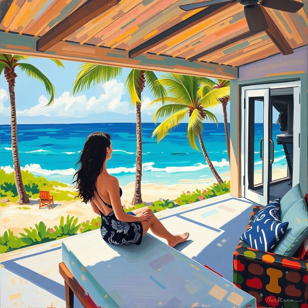 Expressionist Beach House Painting with Palm Trees