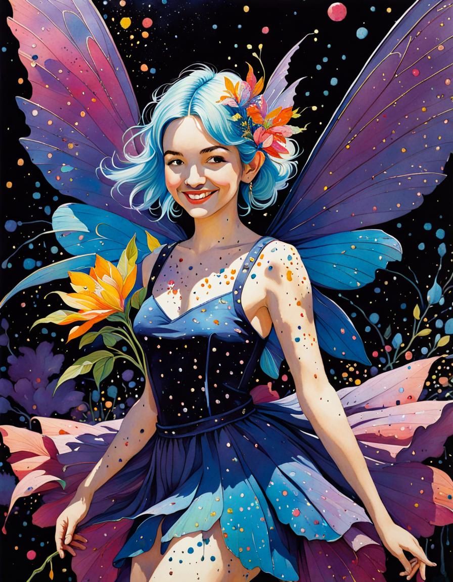 Cheerful Fairy with Ink Splatter Effect