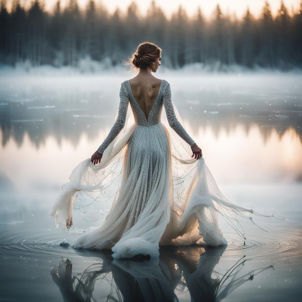 Surrealist Woman Stepping into Frozen Lake in Soft Focus