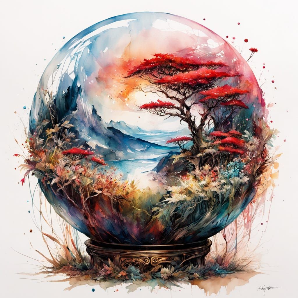 Glass Globe with Red and Tan Objects, Watercolor Art