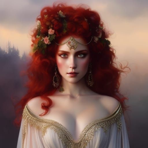 Red-Headed Goddess in Watercolor Fantasycore Style