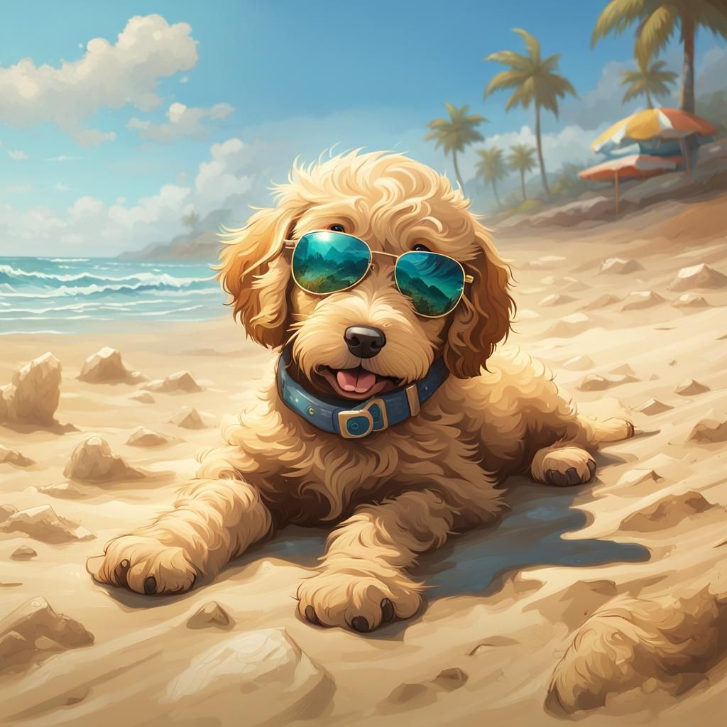 Golden Doodle Puppy Relaxing on the Beach