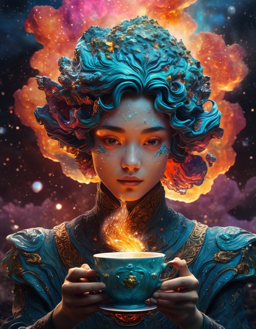 Surreal Dreamer with Nebula Teacup, Art Nouveau