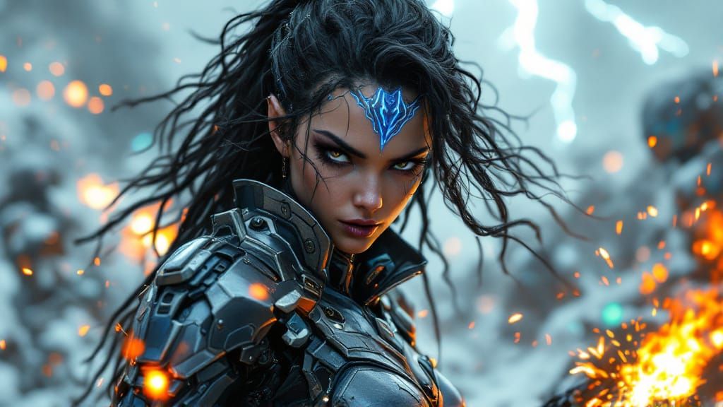 Alien Warrior Queen in Chaotic Battlefield, Digital Art