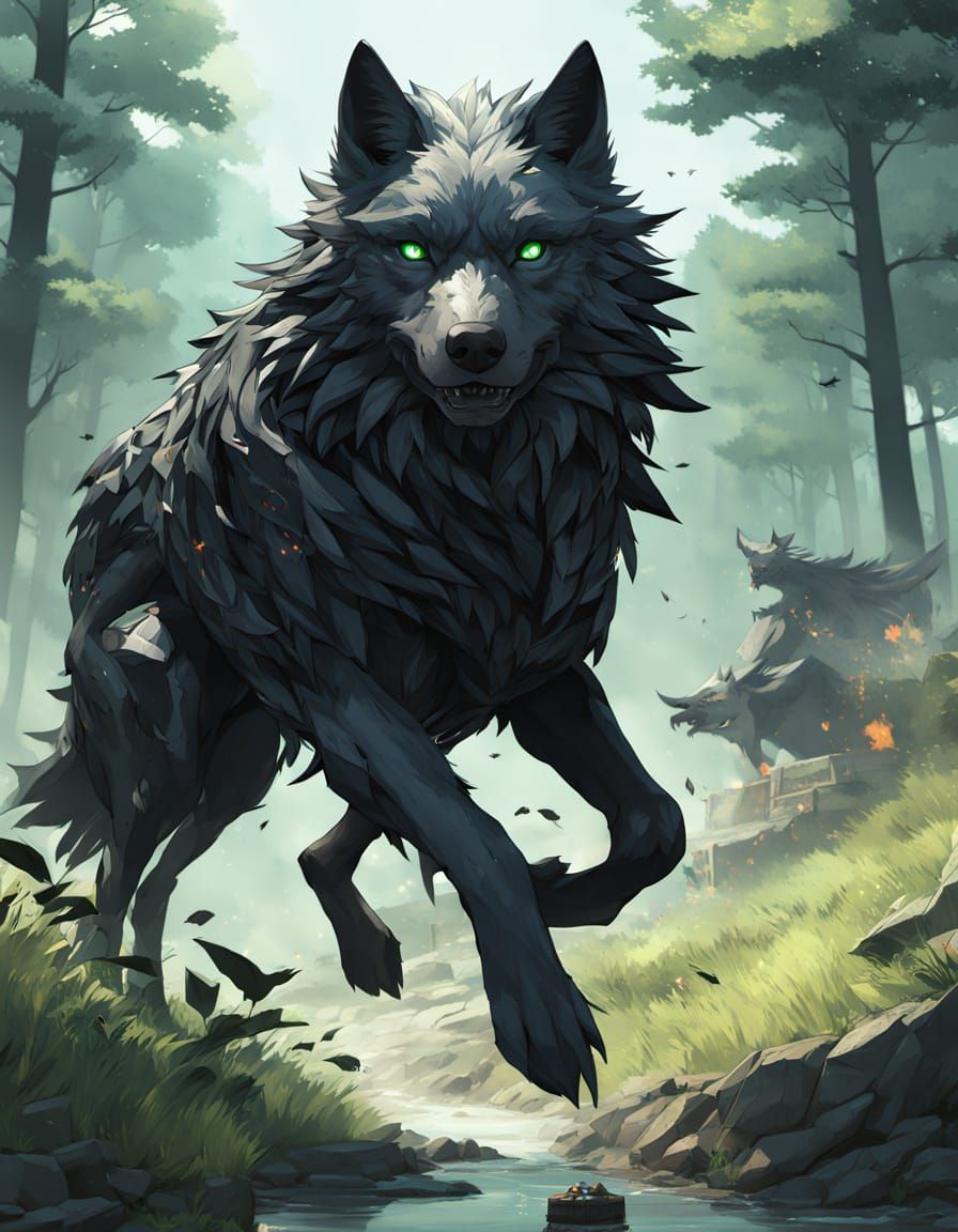 Surreal Raven Pursues Black Wolf Across Open Field in Anime-...