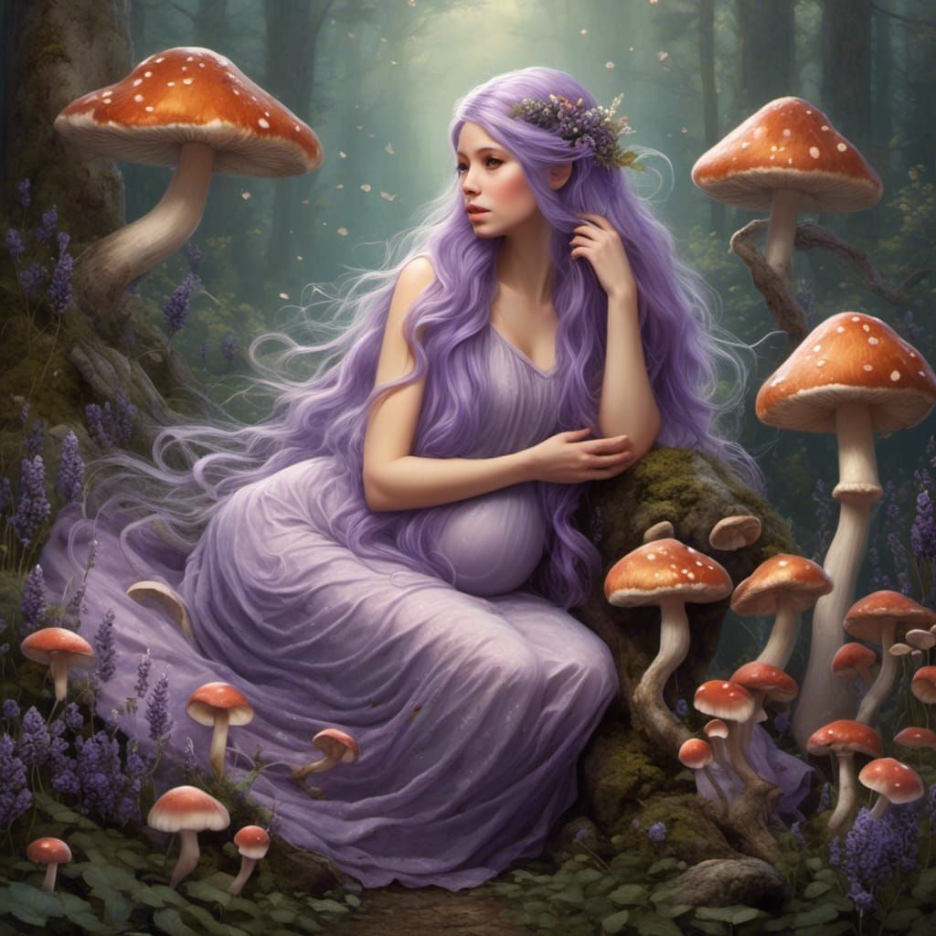 Pregnant Fairy in Fantasyland with Giant Mushrooms