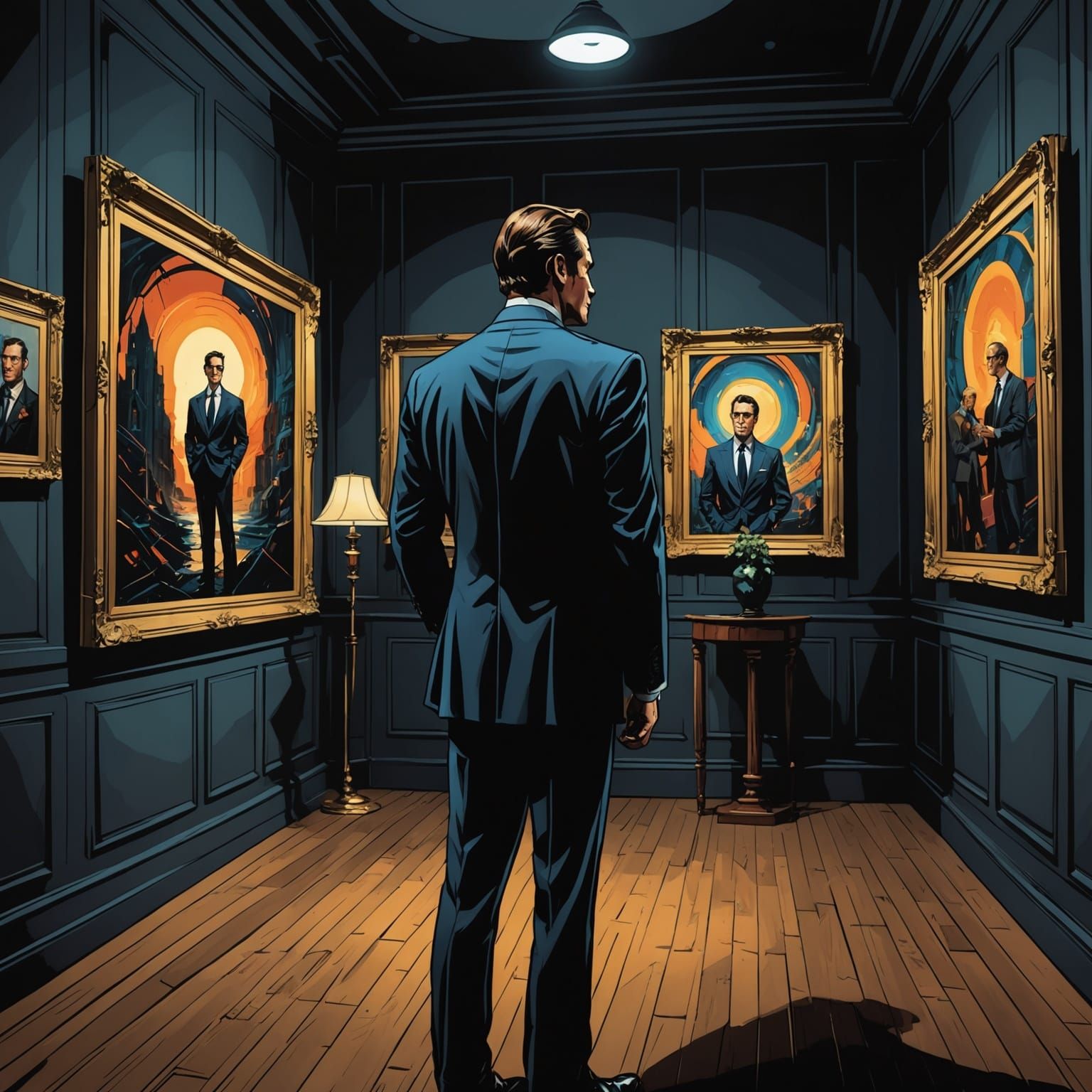 Man in Suit Views Painting in Dark Gallery