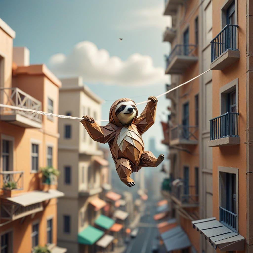 Origami Sloth on Clotheslines Between City Balconies