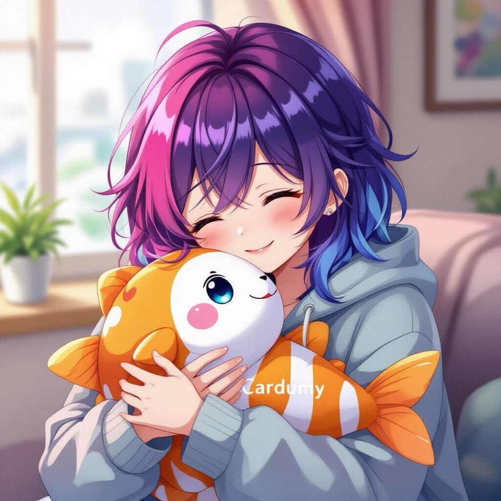 Anime Mascot Hugs Plush Fish in Cozy Hoodie