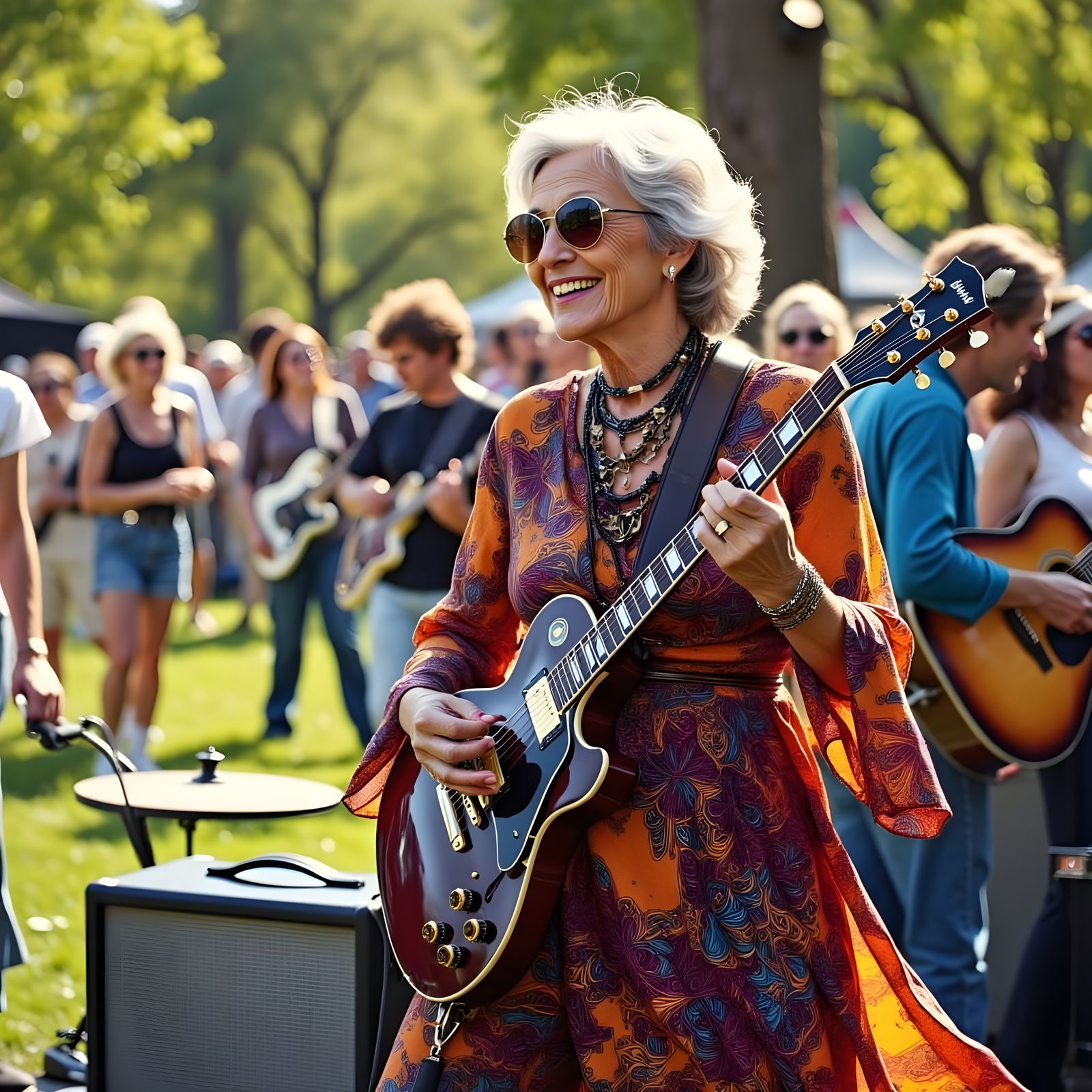 Joyful 70-Year-Old Woman Plays Electric Guitar at Outdoor Fe...