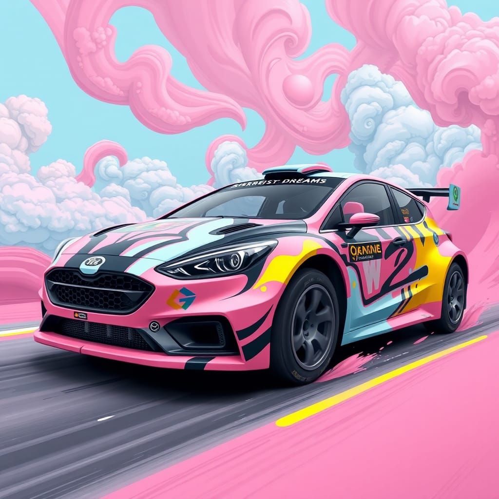 Rally car wrapped in "sparky's dream" artwork