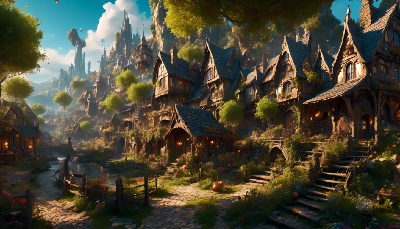 Detailed Fantasy Village Scape in Matte Painting Style