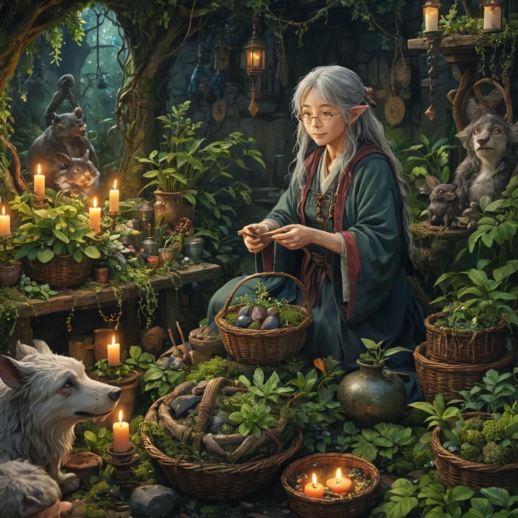 Anime Hag Mixing Potions in Lush Forest