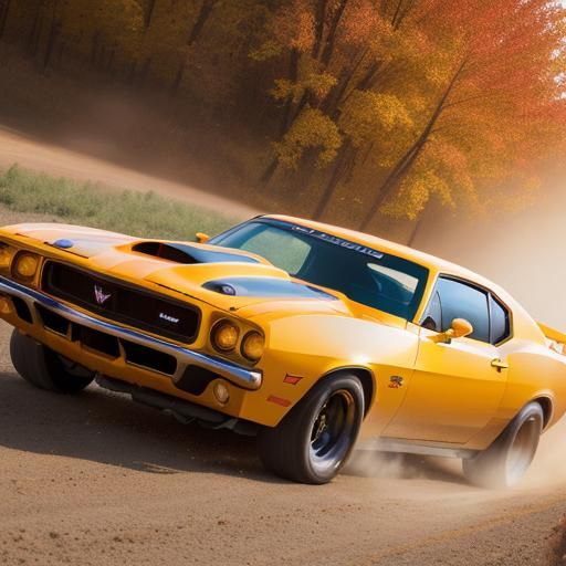 Bright Muscle Car Drifting on a Dirt Road