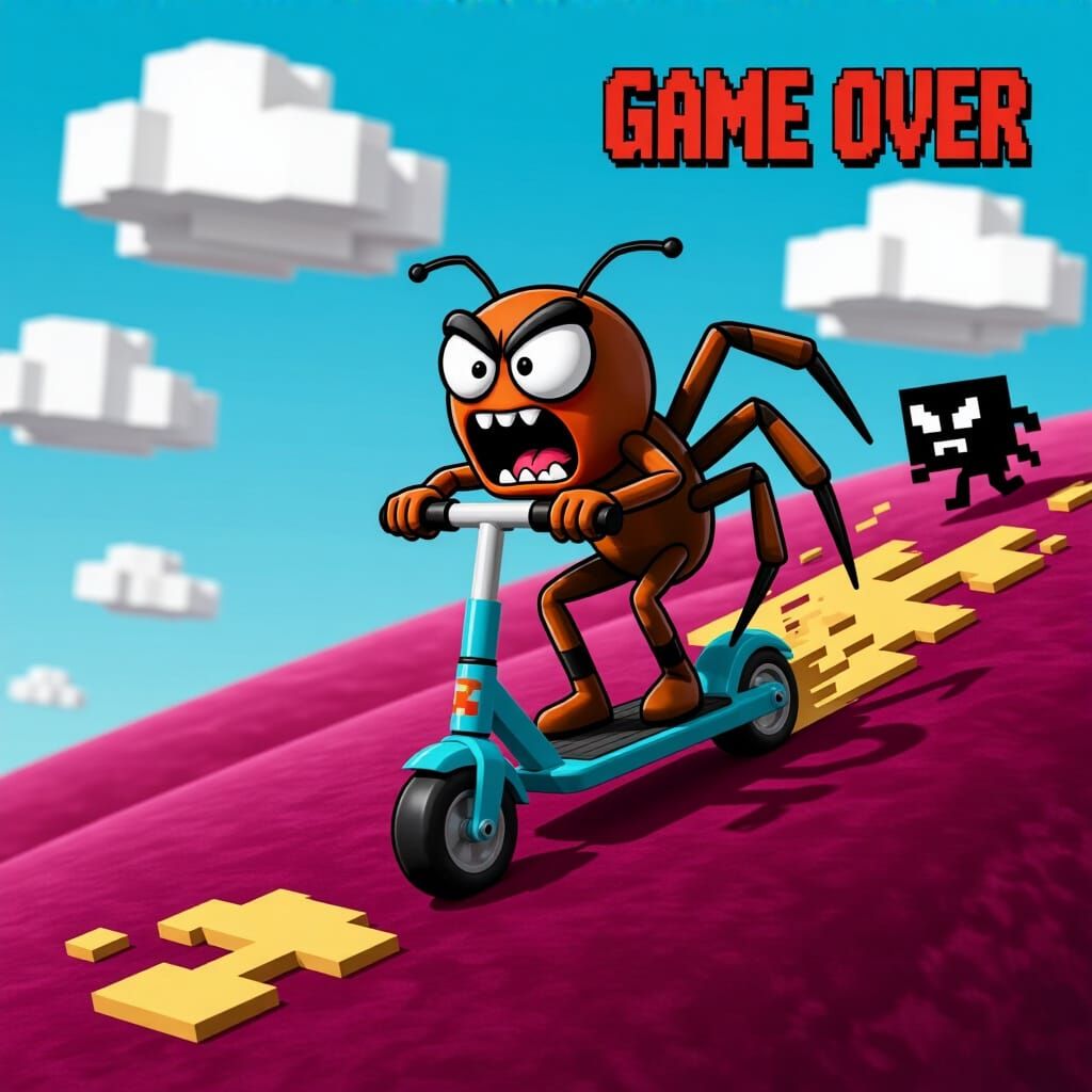 Cartoon Spider Hurtling Downhill on Bumper Scooter