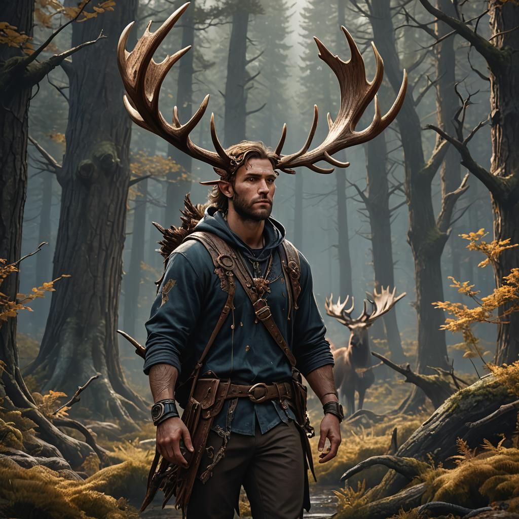 Young Man with Moose Antlers in Detailed Matte Painting