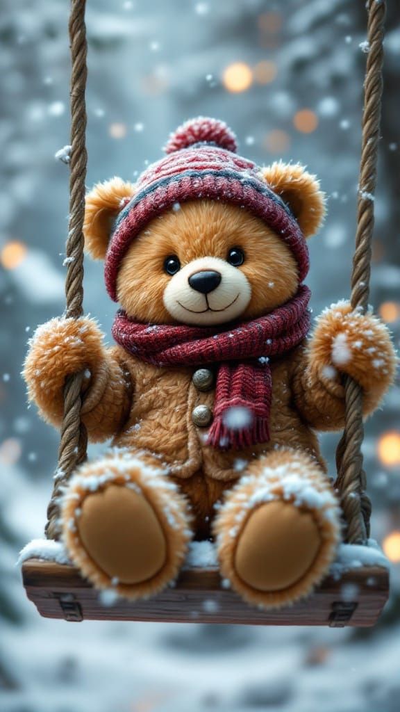 Cute Teddy Bear Swings in Snowy Winter Wonderland