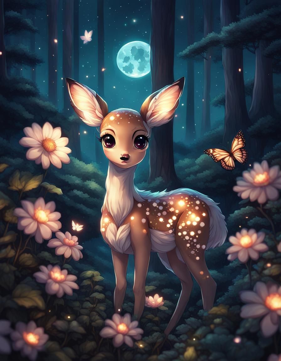 chibi, huge eyes anime manga girl beautiful cute fawn butterfly photorealistic   fairy cute patterned  fullmoon complex ...