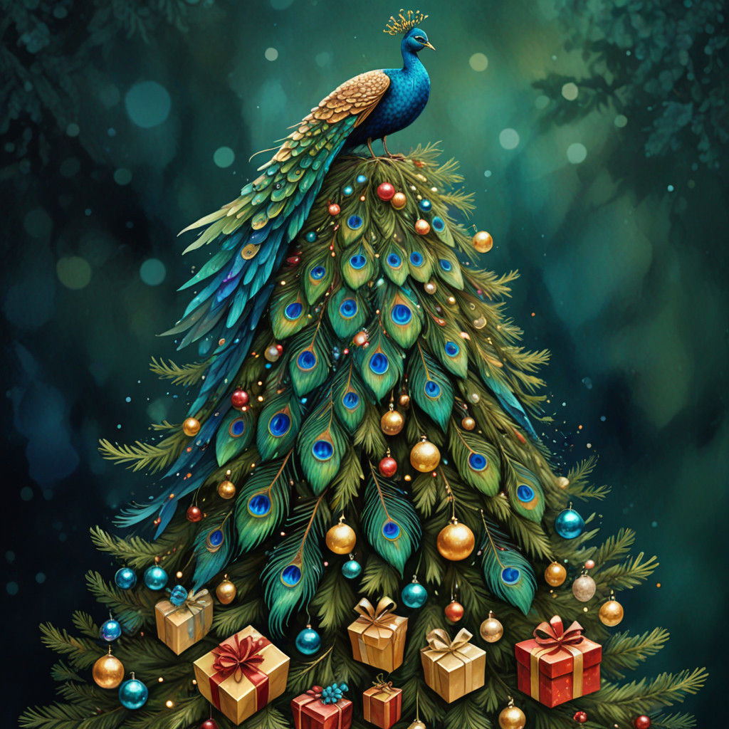 Whimsical Christmas Angel with Iridescent Peacock Feathers