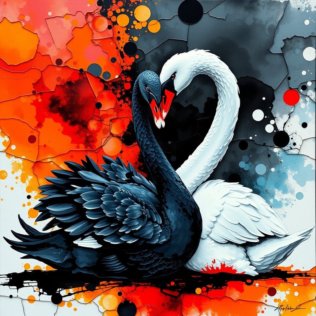 Black and White Swans Entwined in Loving Embrace