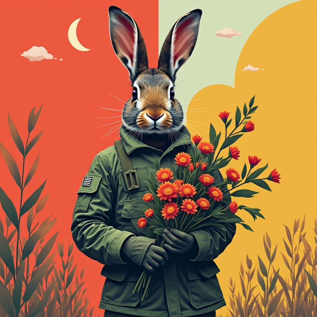 Camouflaged Rabbit Soldier with Flowers in Pop Art