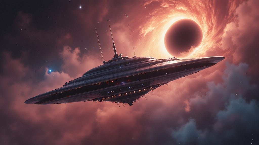 Futuristic UFO Near Black Hole in Swirling Nebula
