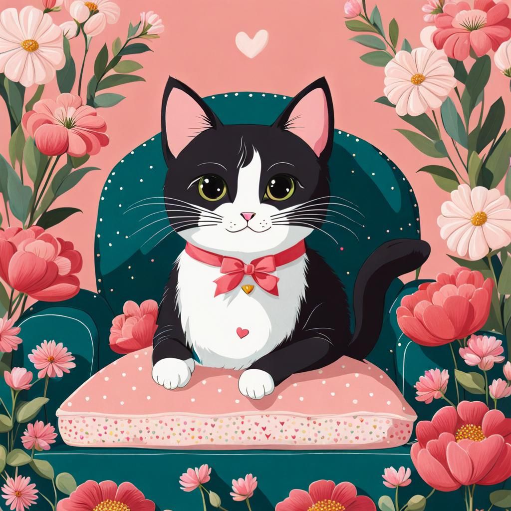 Cute Cat Surrounded by Flowers, Watercolor Style