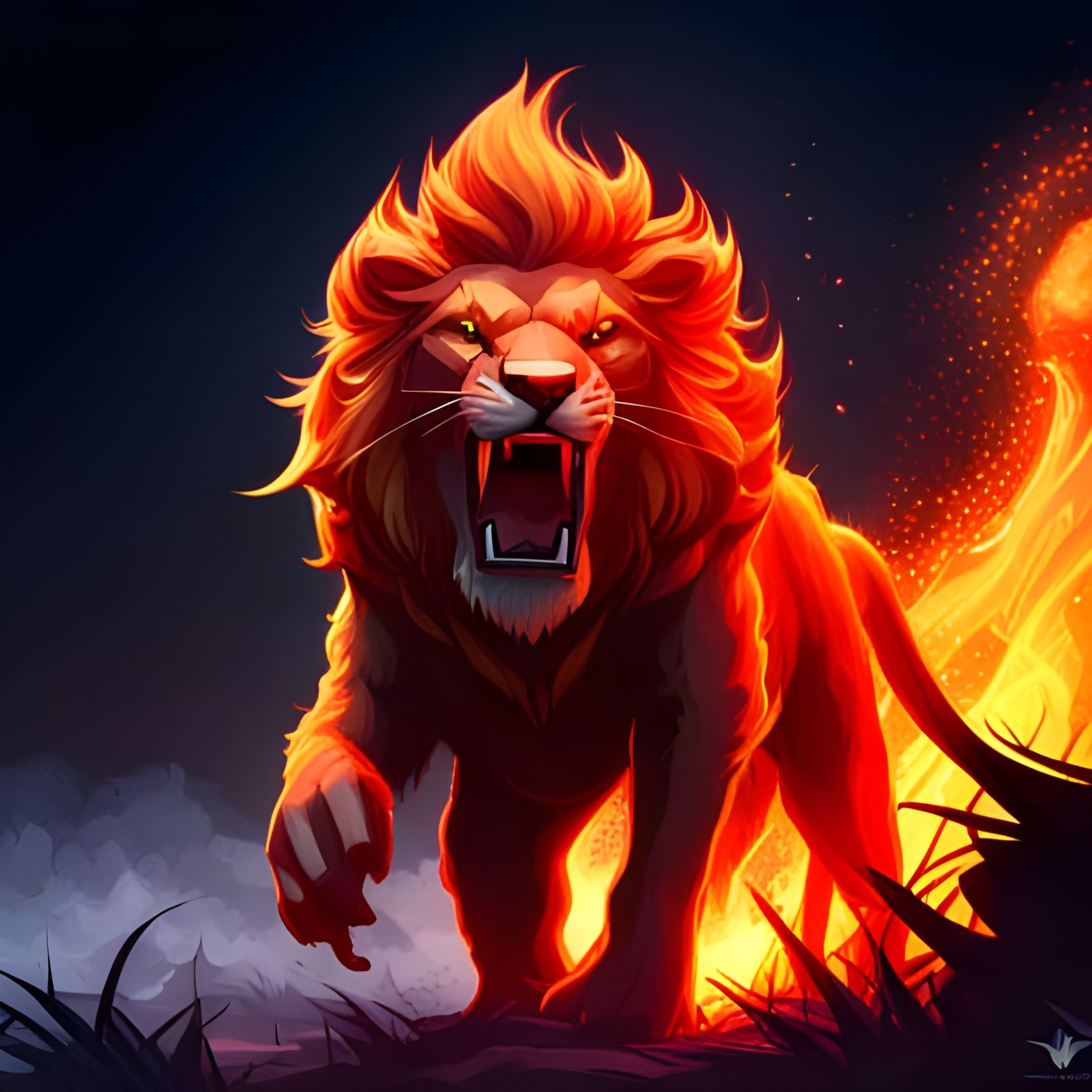Ferocious Lion Attacks in Burning Jungle Concept Art