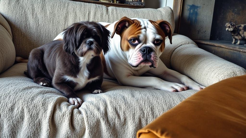 American Bulldog and Shih Tzu Relaxing on Sofa