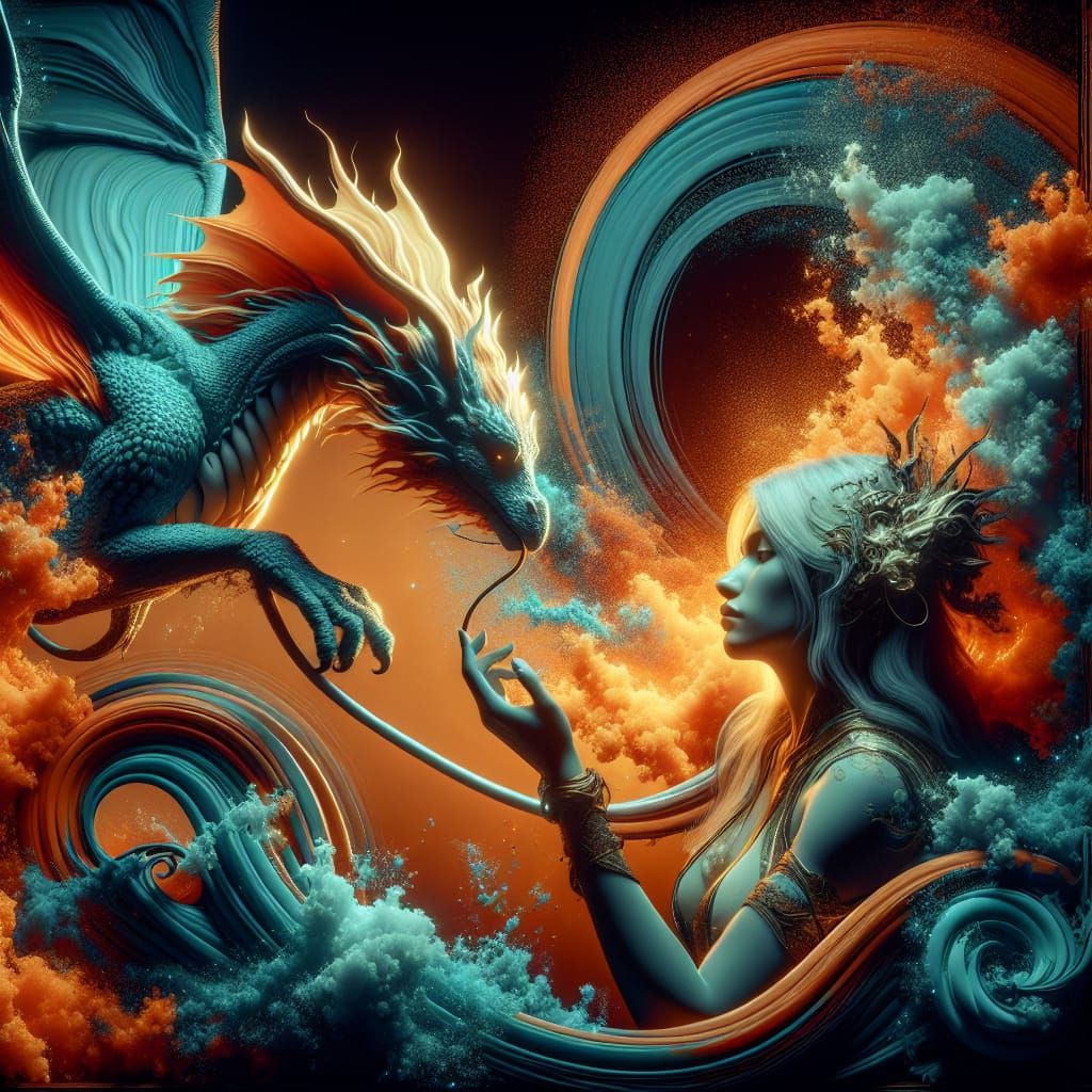Woman Nurturing Dragon: Art Nouveau-Inspired Scene
