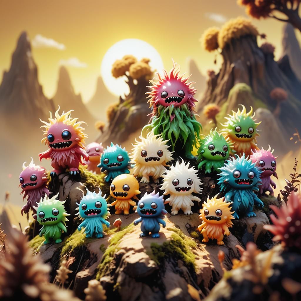 Wax Chibi Monsters in a Melting Surreal Landscape
