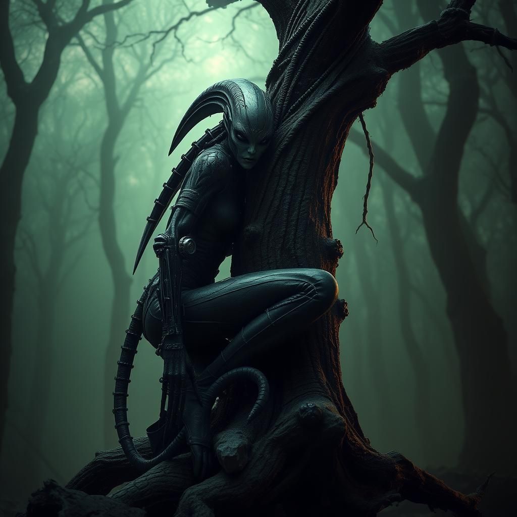 Alien Hunter in Gloomy Forest, Inspired by Giger