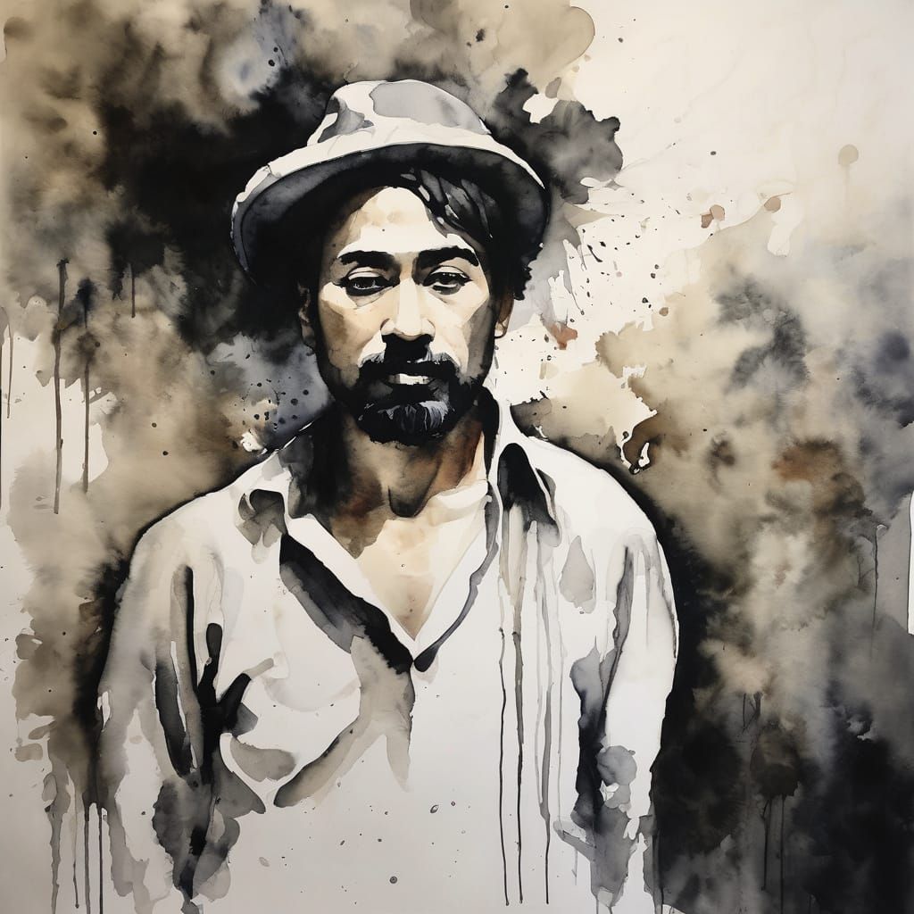 a watercolor painting of a beautiful man, ابتسامة ماكرة, čokoládu miluje, illustrative and abstract, black and white wat...