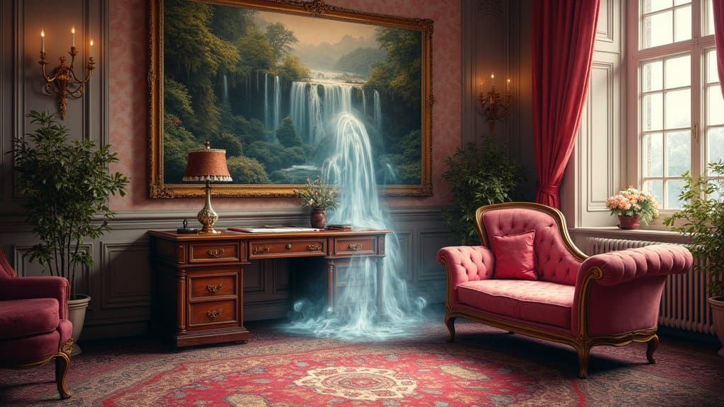 Victorian Parlor with Enchanted Waterfall Painting