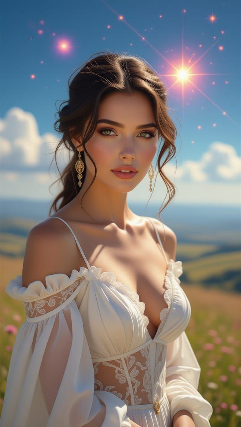 Elegant Woman in Dreamy Landscape, Mixed Media Style