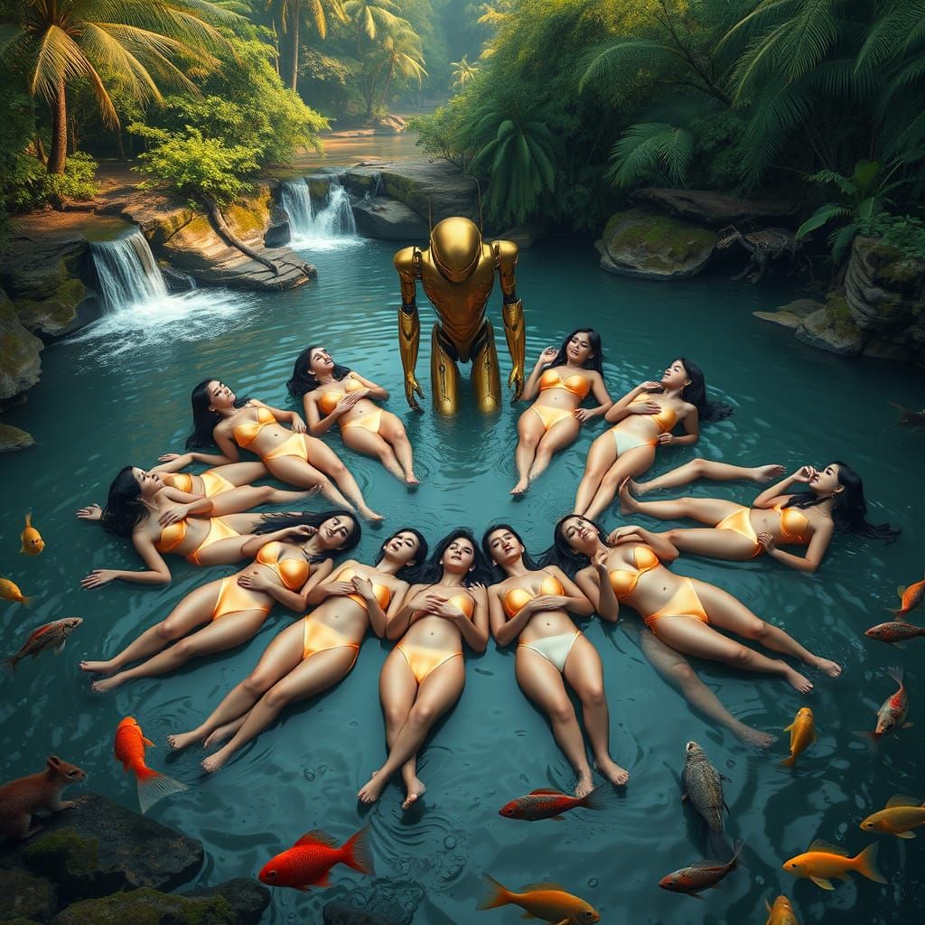 Young Women and Golden Robot in Tropical Paradise