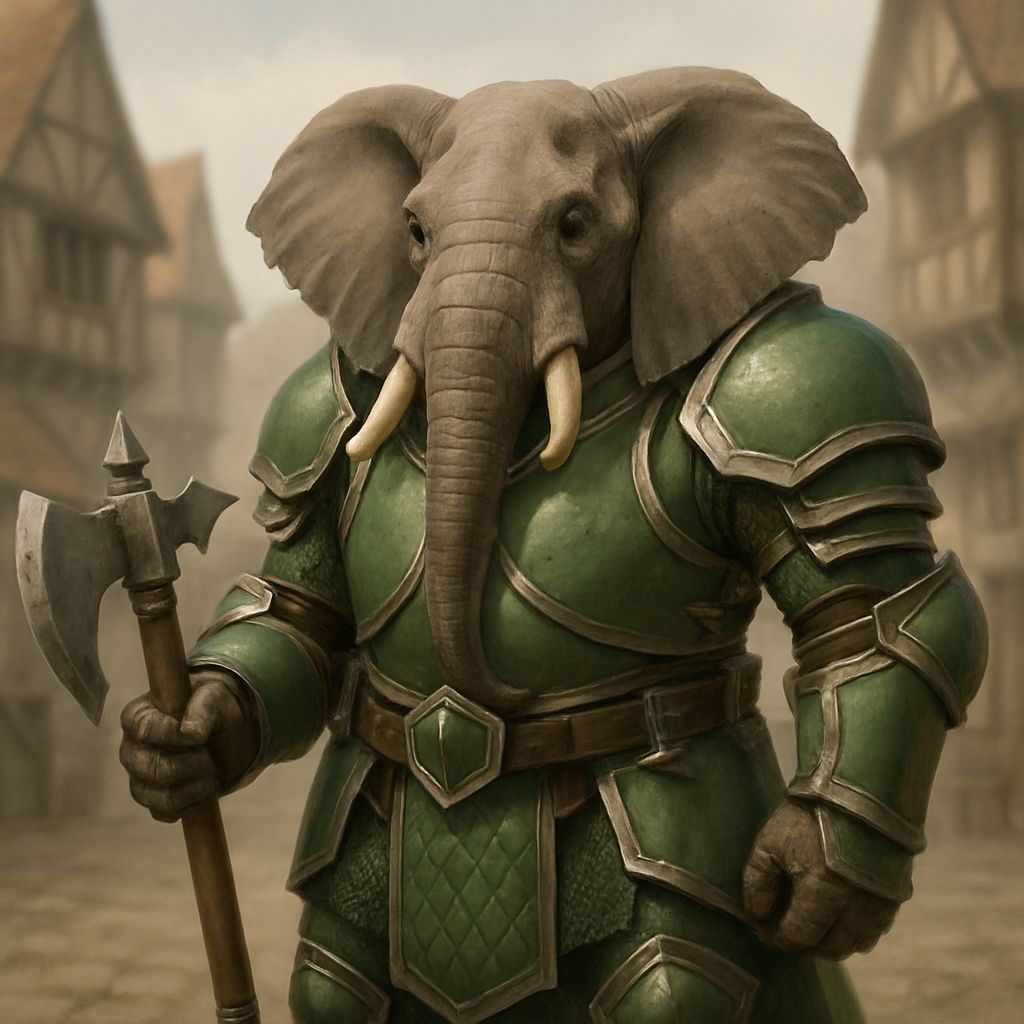 Elephant Paladin in Shimmering Green Armor