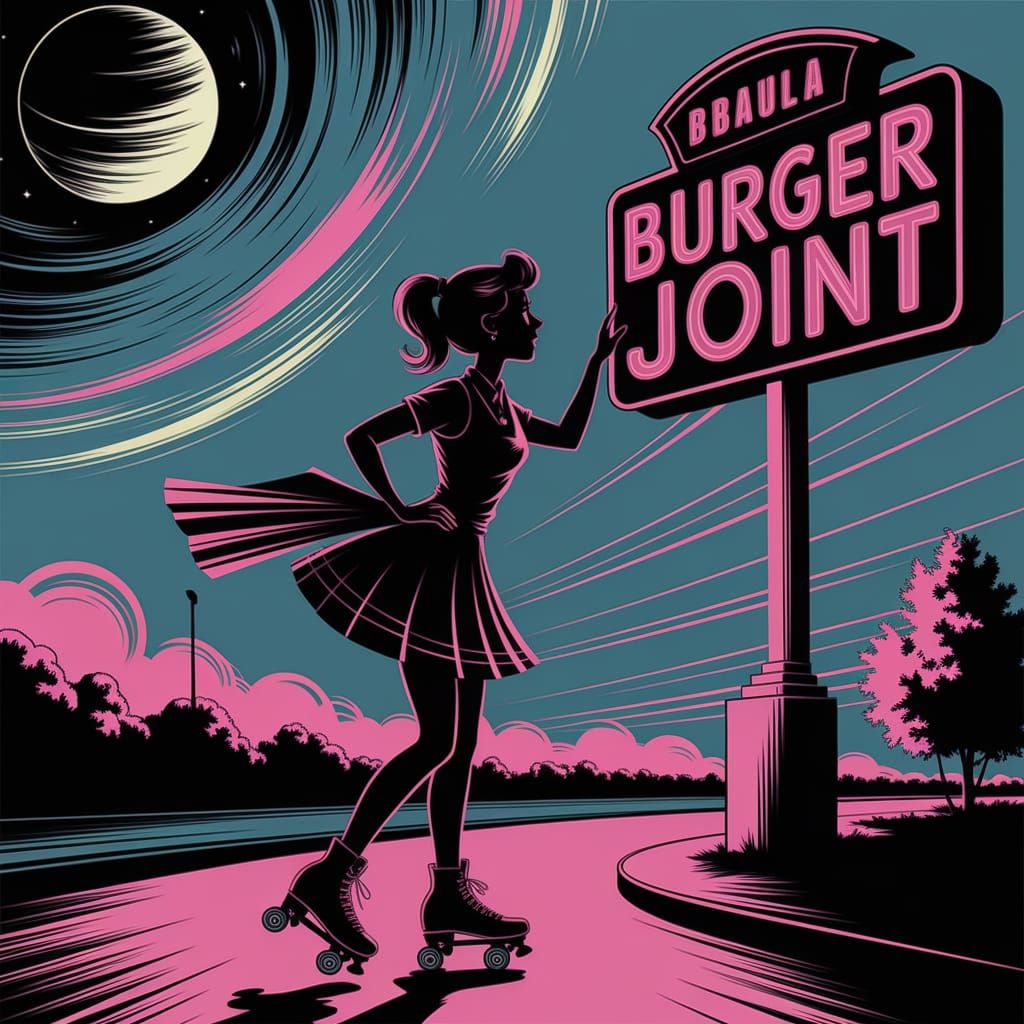 Carhop Girl Gazes at Cosmic Sky in Graphic Novel Style