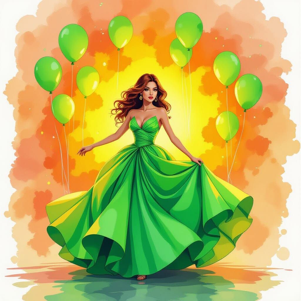 Woman in Neon Gown: Watercolor Alcohol Ink Art