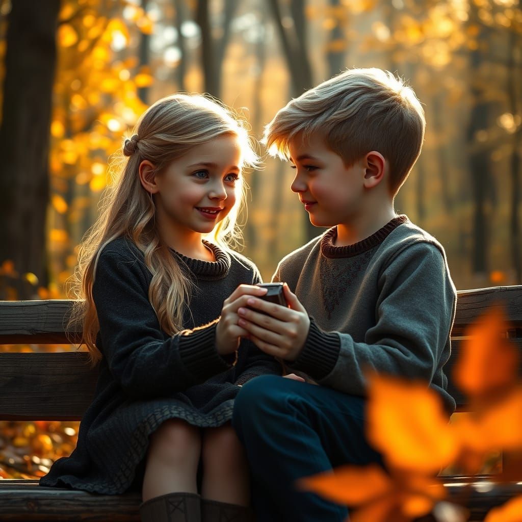 Tender Moment in Autumn Forest, Photorealistic Portrait