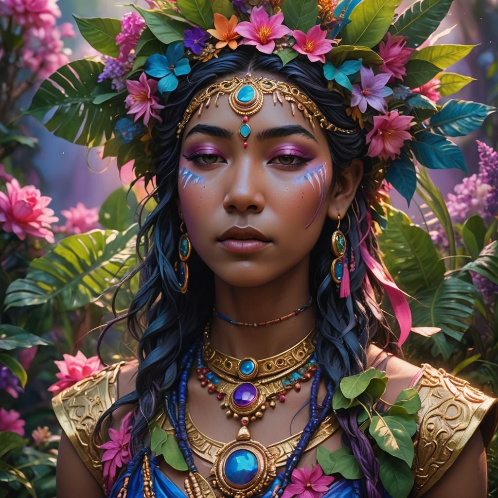 Goddess Kali in Lush Greenery: Hyperrealistic Splash Art