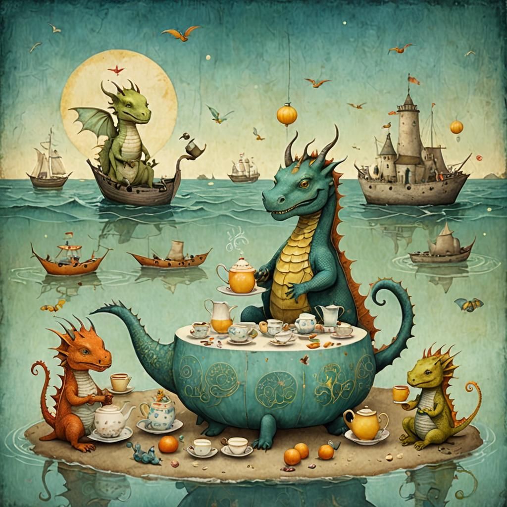 Whimsical Dragons' Tea Party by the Sea