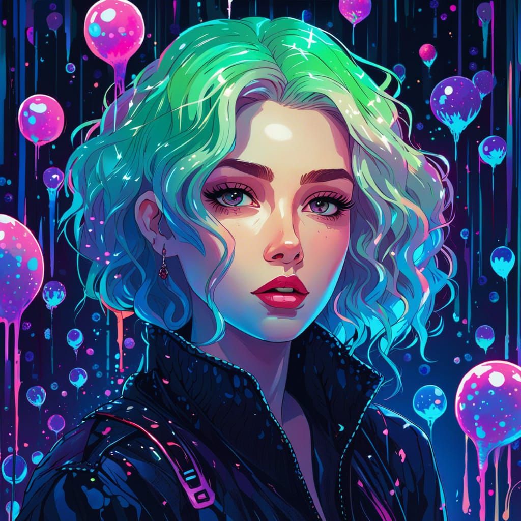 Synthwave Girl Surrounded by Slime Blobs