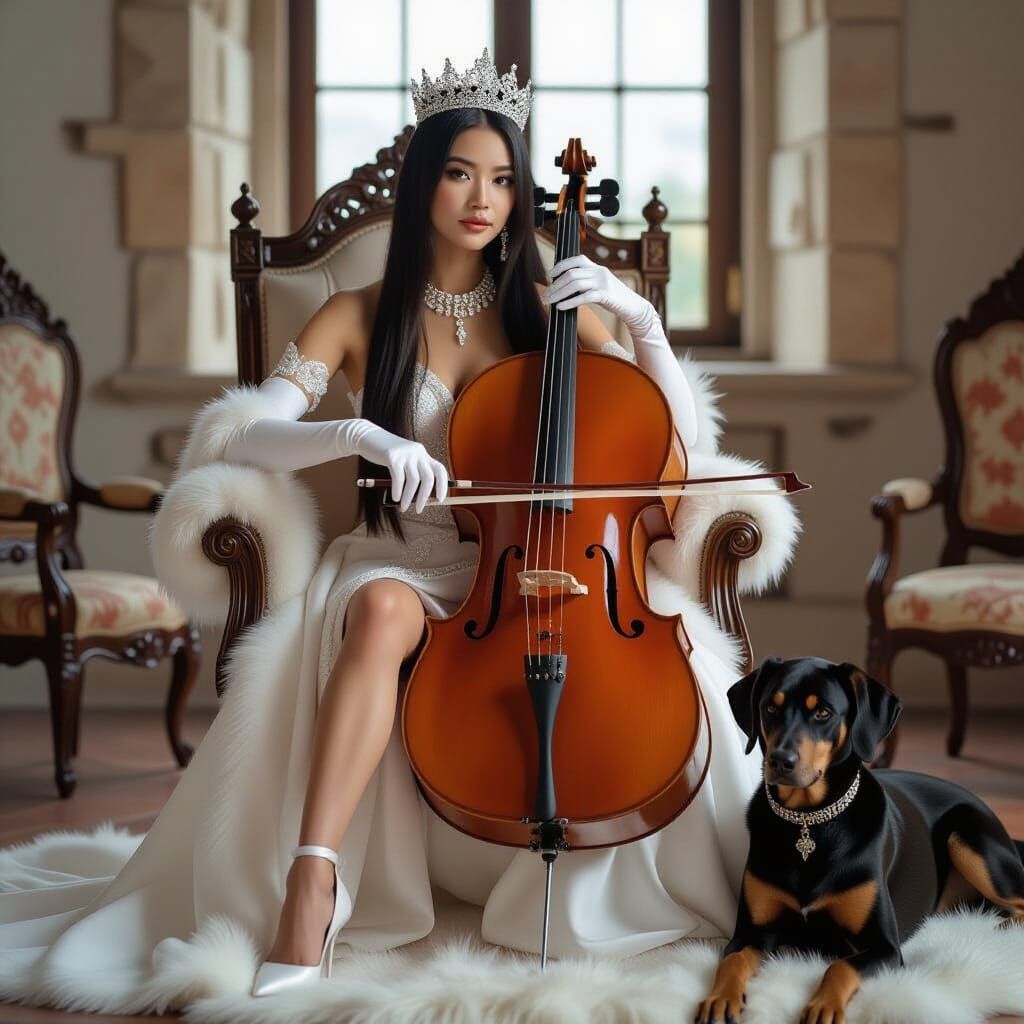 Woman in Castle Tower Playing Cello, Art Nouveau Style